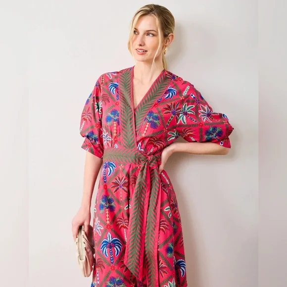 PRINTFRESH NEW Gabriela Midi Wrap Dress in Palm Tree Multi Pink Sz 1X - Picture 3 of 14